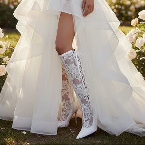 Dolls Kill White Lace Knee-High Boots